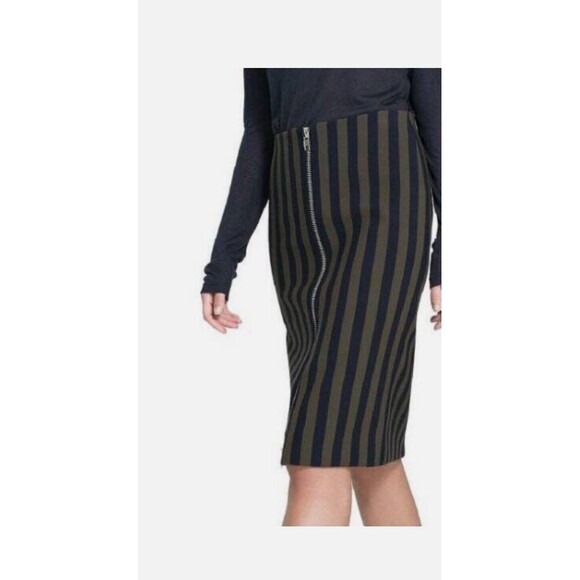 ZARA Med Navy/Olive Stripe Whimsigoth Zip Front Pencil Sheath Skirt High Waist - Picture 3 of 9